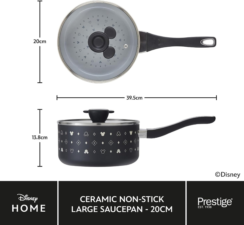 Prestige Disney Monochrome Ceramic Non Stick Saucepan Set of 3 with Lids - 16, 18 & 20cm Induction Saucepan Set, PFAS & PFOA Free, Non Toxic Cookware, Black & White