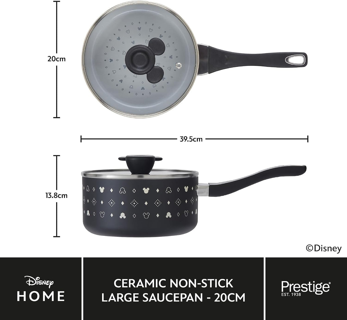 Prestige Disney Monochrome Ceramic Non Stick Saucepan Set of 3 with Lids - 16, 18 & 20cm Induction Saucepan Set, PFAS & PFOA Free, Non Toxic Cookware, Black & White