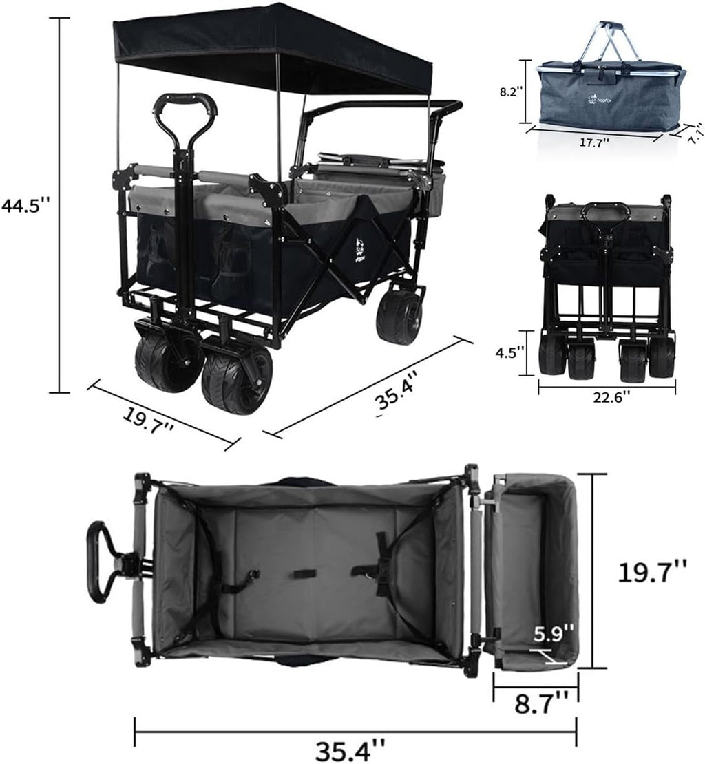 Collapsible Wagon Cart with Removable Canopy, Heavy Duty Foldable Wagon with 4' Large All Terrain Wheels, Brake, Cooler Bag, Adjustable Handles for Garden Beach Sports (Black Gray)