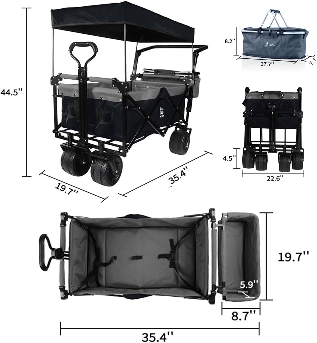 Collapsible Wagon Cart with Removable Canopy, Heavy Duty Foldable Wagon with 4' Large All Terrain Wheels, Brake, Cooler Bag, Adjustable Handles for Garden Beach Sports (Black Gray)