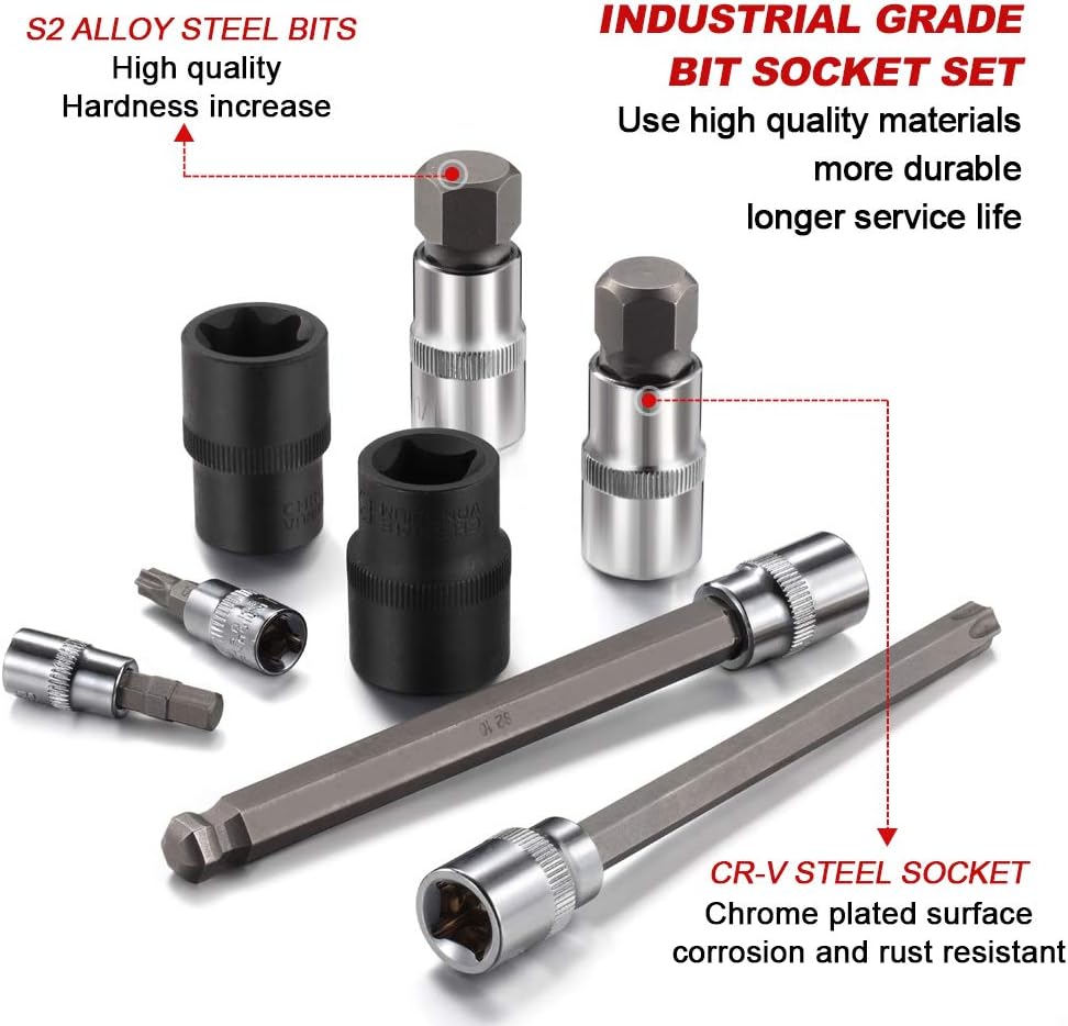 107-Piece Allen and Torx Bit Socket Set, 1/4', 3/8' and 1/2' Drive Hex/Ball End Hex/Extra Long Tamper Proof Torx SAE & Metric Bit Set