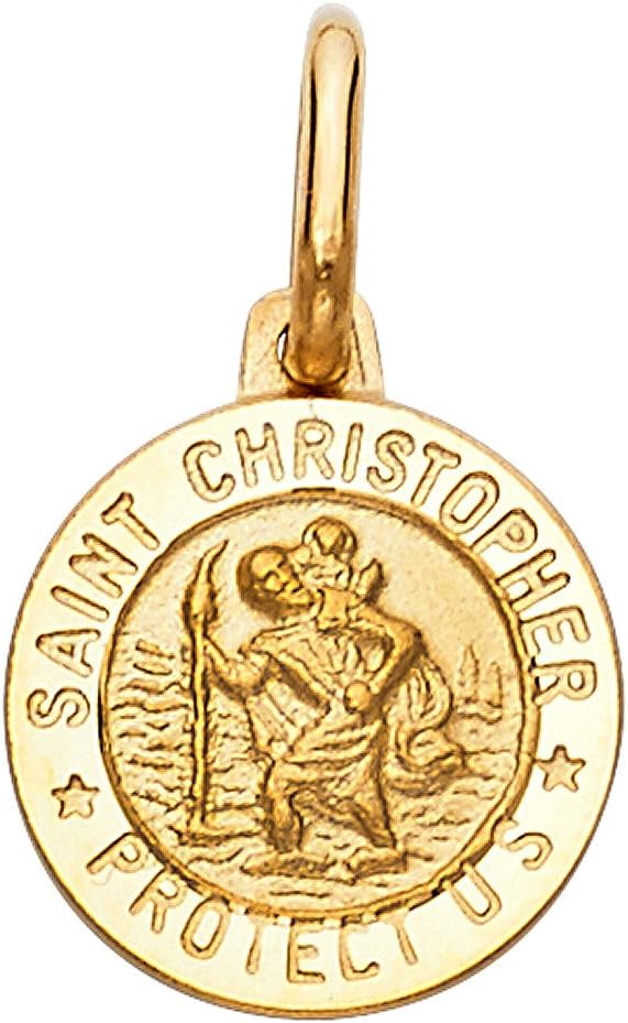 14K Yellow Gold St. Christopher Medal Pendant Necklace Protect Us Charm with 0.9mm Singapore Chain