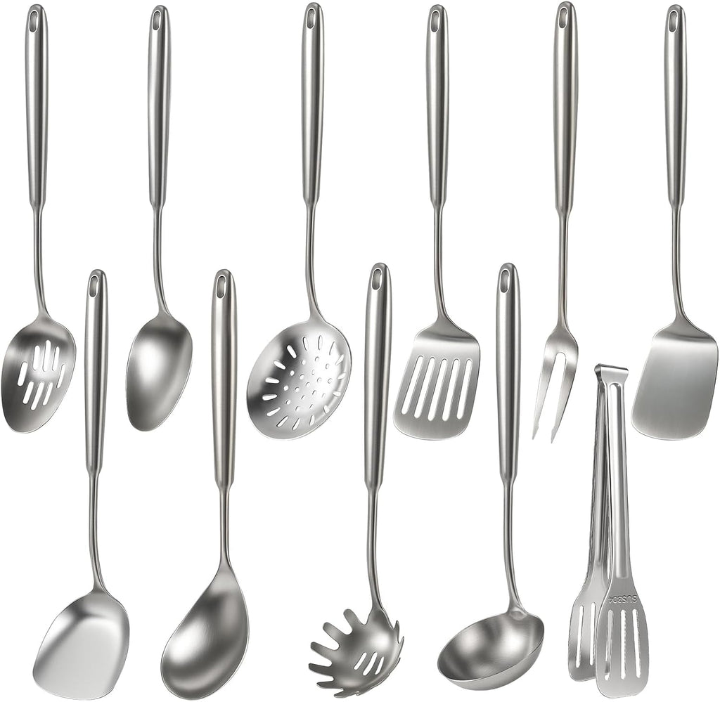 Newness 11 Pcs Cooking Utensils Set, 304 Stainless Steel Kitchen Utensils Set, Metal Kitchen Accessories, Include Soup Ladle, Slotted Skimmer Spoon, Spaghetti Spoon and Spatula, Dishwasher Safe