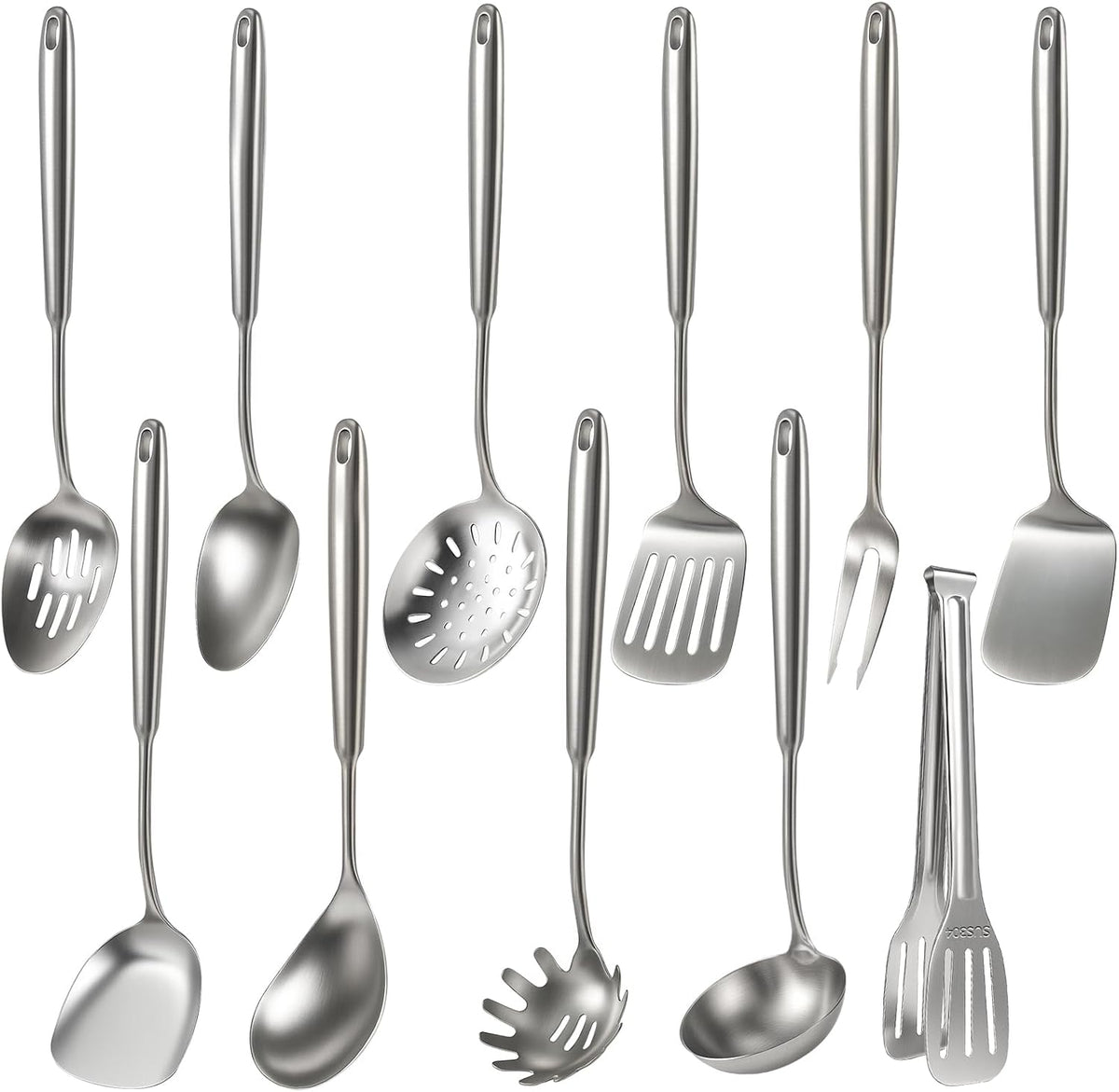 Newness 11 Pcs Cooking Utensils Set, 304 Stainless Steel Kitchen Utensils Set, Metal Kitchen Accessories, Include Soup Ladle, Slotted Skimmer Spoon, Spaghetti Spoon and Spatula, Dishwasher Safe