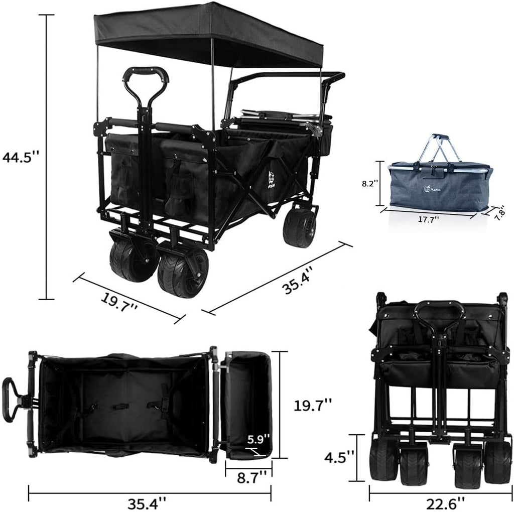 Collapsible Wagon Heavy Duty Folding Wagon Cart with Removable Canopy, 4' Wide Large All Terrain Wheels, Brake, Adjustable Handles,Cooler Bag Utility Carts for Outdoor Garden Beach