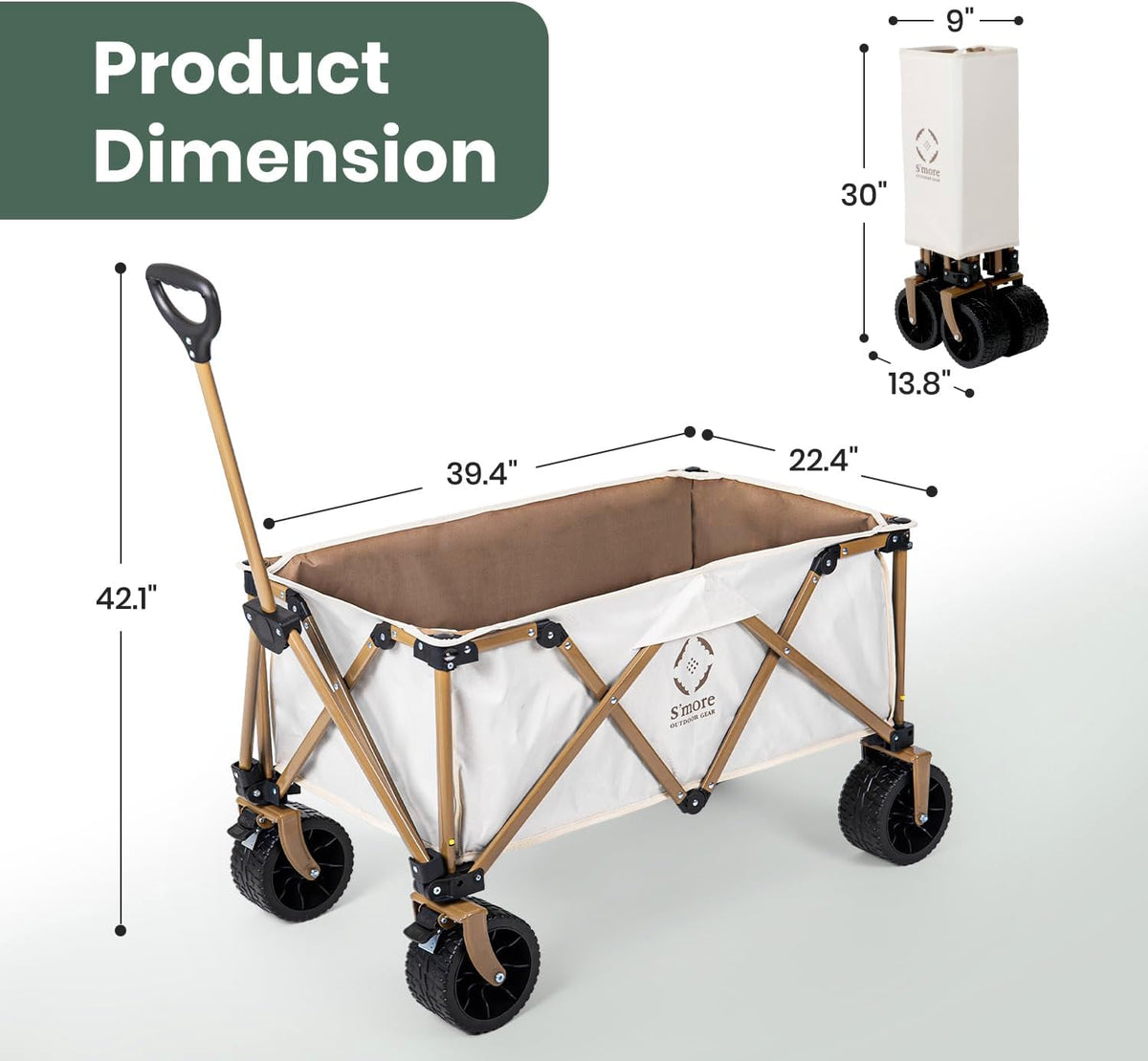 S'more Collapsible Folding Wagon Cart with Big All-Terrain Wheels, Heavy Duty Foldable Beach Cart with Brakes, Utility Grocery Wagon for Camping Garden Shopping Outdoor Sports, Beige