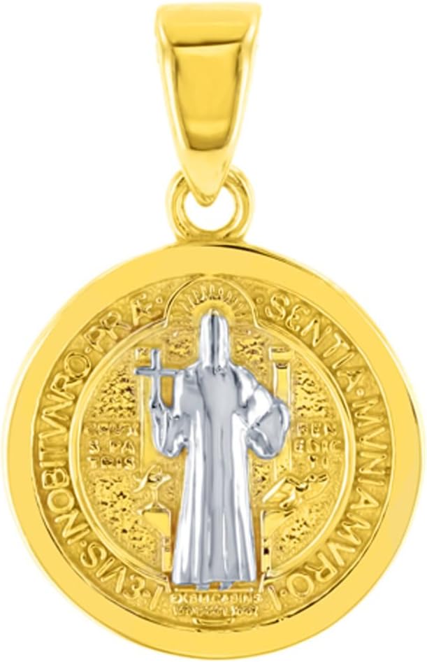 Solid 14K Yellow Gold Polished St Benedict Medal Charm Saint Pendant Cuban Chain Necklace