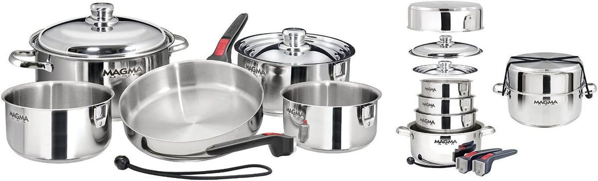 Magma 10 Piece Gourmet Nesting Stainless Steel Cookware Set, Induction Compatible, Oven Safe to 500°F - Suitable for All Stovetops, Removable Handles, Silver
