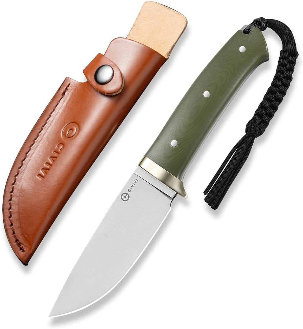 CIVIVI EDC Fixed Blade Knife with Leather Sheath, 4.6' Nitro-V Blade G10 Handle, Full Tang Cloud Peak Knife with Lanyard and Nickel Silver Guard C23044-2 (Green)