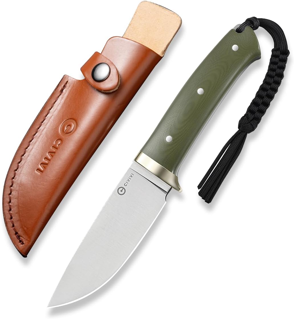 CIVIVI EDC Fixed Blade Knife with Leather Sheath, 4.6' Nitro-V Blade G10 Handle, Full Tang Cloud Peak Knife with Lanyard and Nickel Silver Guard C23044-2 (Green)
