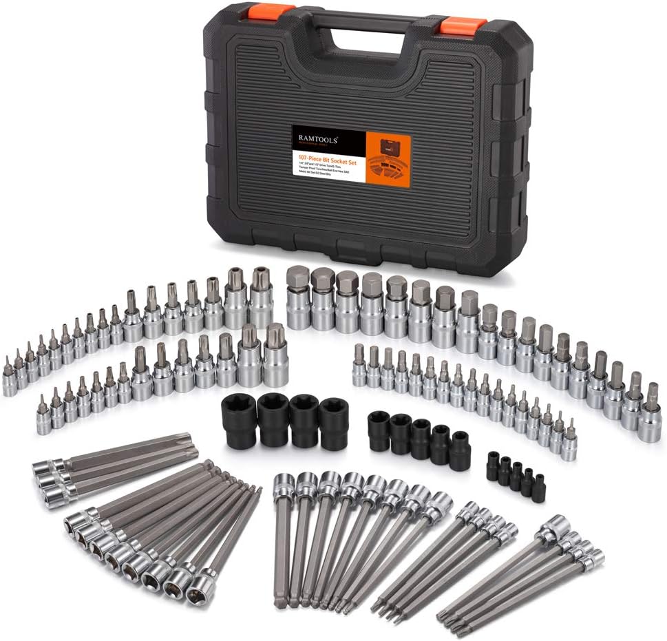 107-Piece Allen and Torx Bit Socket Set, 1/4', 3/8' and 1/2' Drive Hex/Ball End Hex/Extra Long Tamper Proof Torx SAE & Metric Bit Set