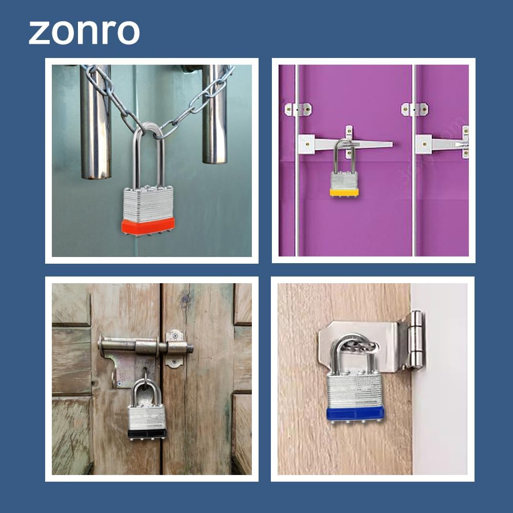 ZonRo Locks Laminated Steel Keyed Padlocks,Keyed Alike Locks, 1-9/16 inch Wide,Normal Shackle Padlocks, Pack of 48，Blue Hoop, for Hasp Latch, Sheds, Fences, Storage Locker, School, Gym…