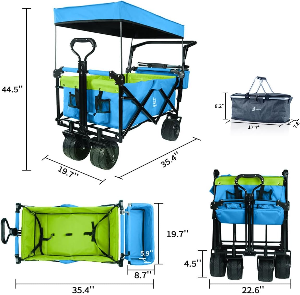 Collapsible Wagon Heavy Duty Folding Wagon Cart with Removable Canopy, 4' Wide Large All Terrain Wheels, Brake, Adjustable Handles,Cooler Bag Utility Carts for Outdoor Garden Wagons Carts Beach Cart