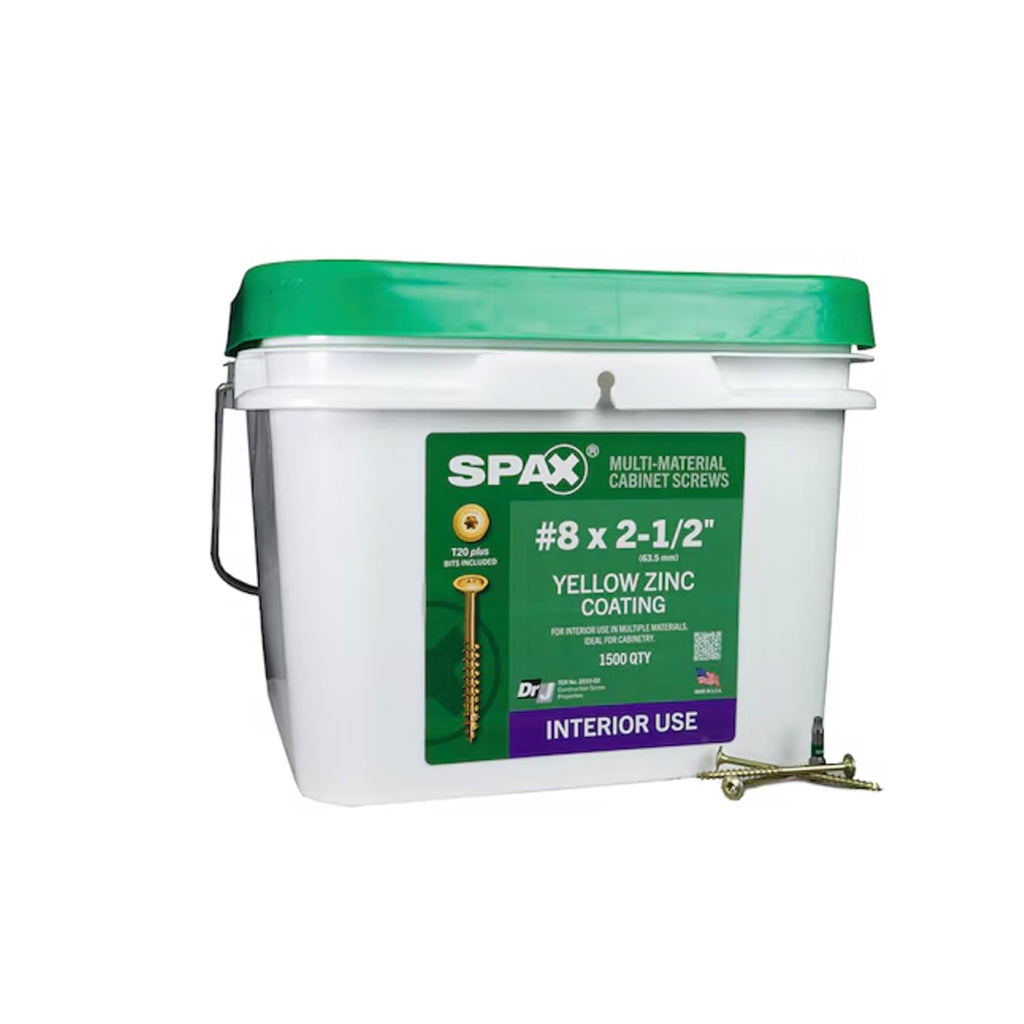 SPAX #8 x 2-1/2' Interior Wafer Head Cabinet Wood Screws Multi-Material Torx T-Star Plus (1500 EA) Bulk Pail Includes 2 Bits Washer Head Low Profile