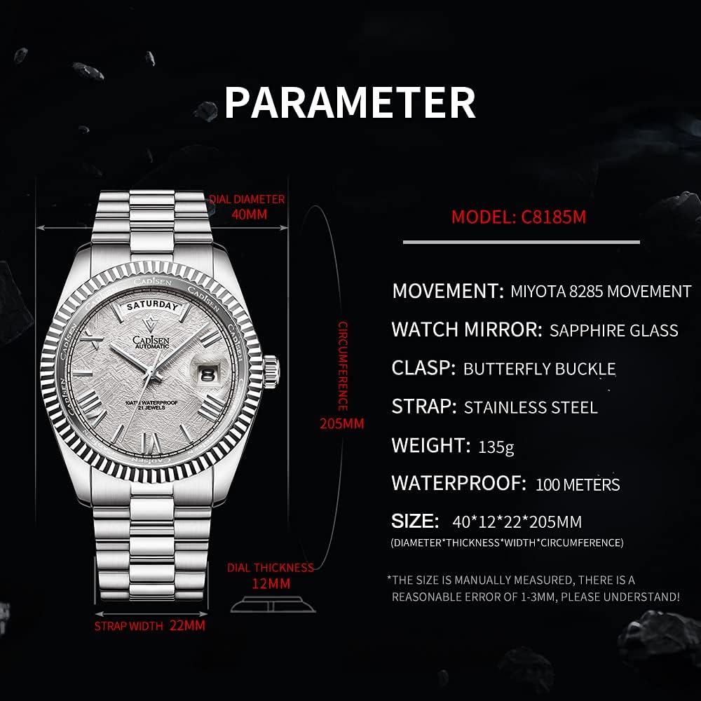 CADISEN Men's Automatic MIYOTA 8285 Mechanical Watch Casual Watches for Men Waterproof Sapphire