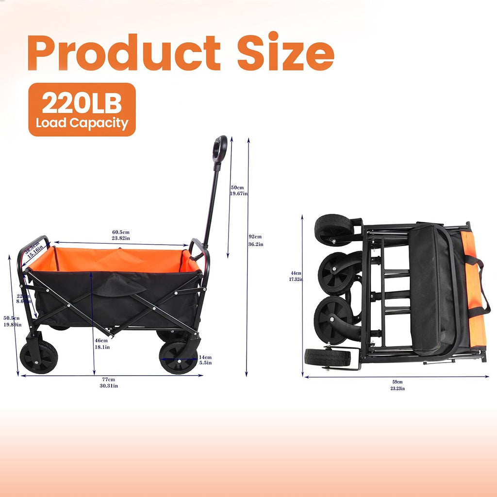 Foldable Wagon Cart, Collapsible Utility Wagon with 220 LBS Capacity, Heavy Duty Steel Frame, Lightweight Portable Folding Cart for Camping, Beach, Garden, Shopping, Sports, Orange
