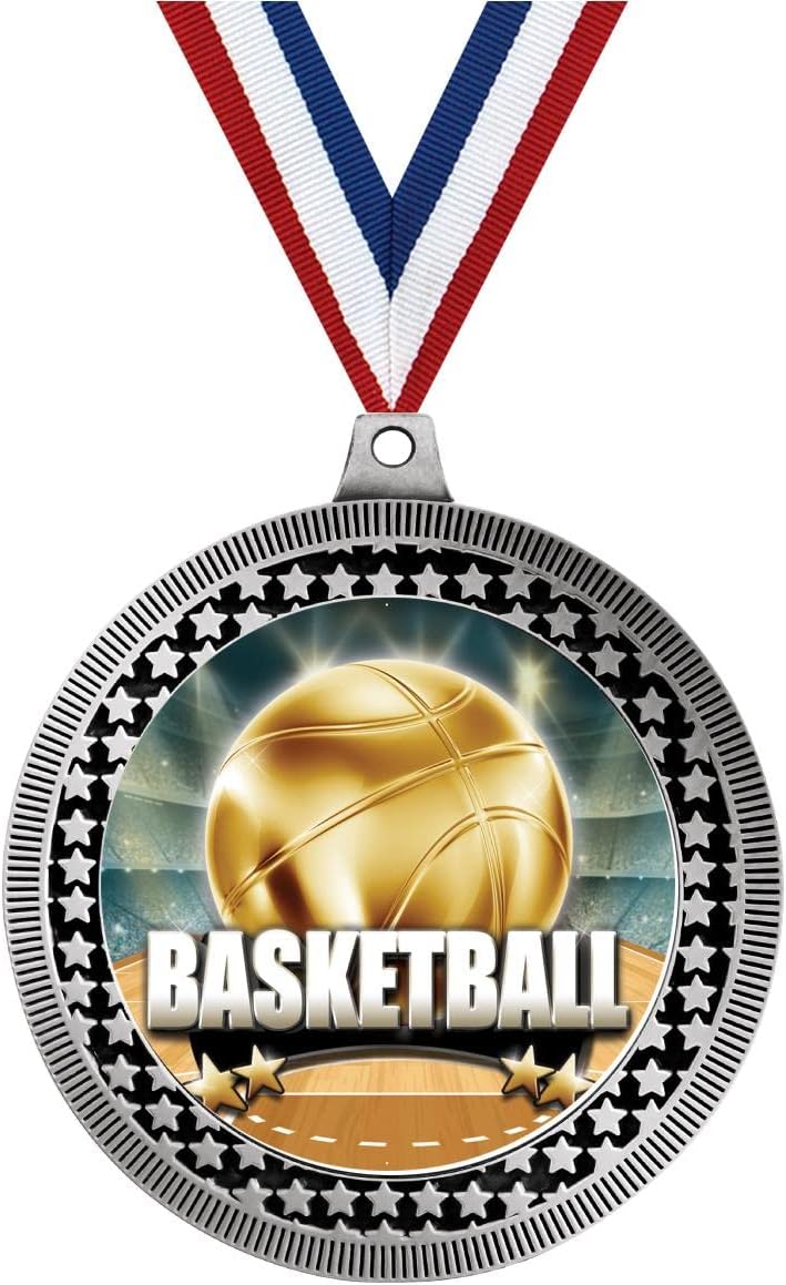 Crown Awards 2.75' Basketball Titan Series Medal Award, Silver Vega Basketball Titan Series Team Trophy Award Includes Free Neck Ribbon