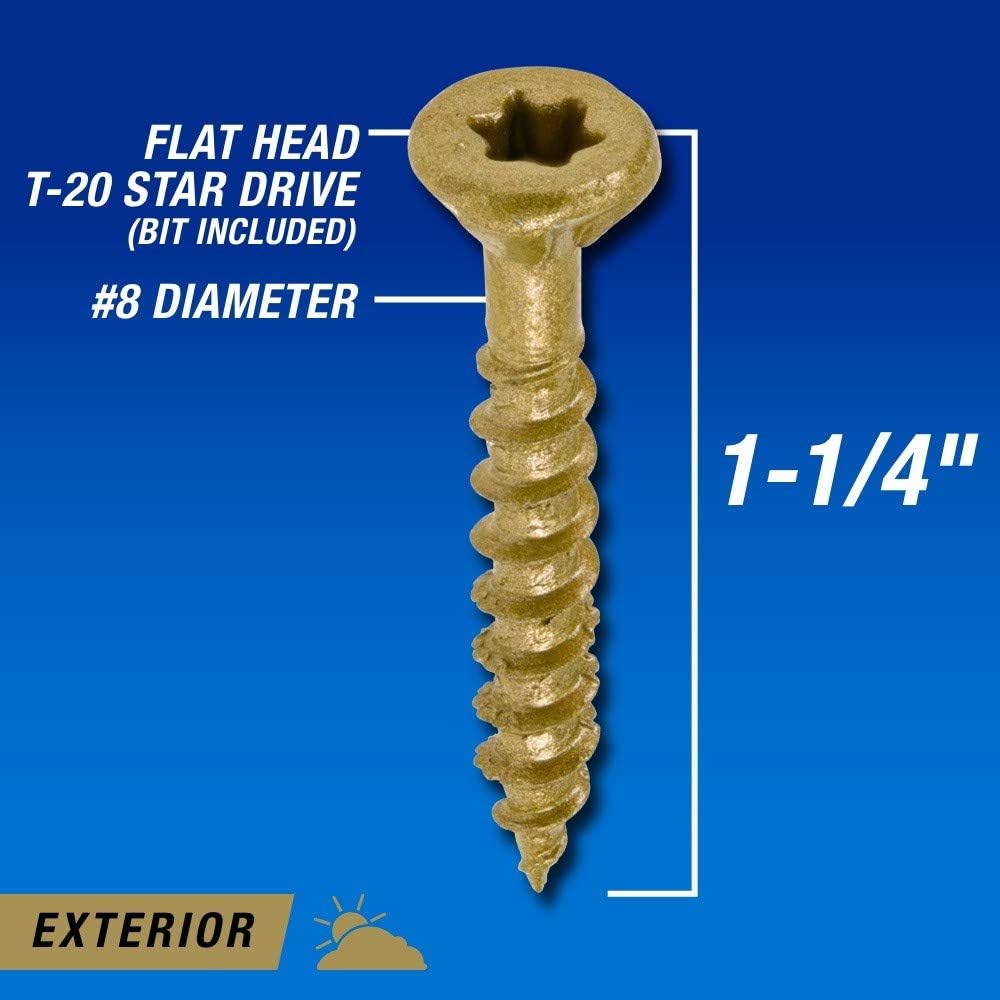 Power Pro Premium Exterior Wood Screws, #8 x 1-1/4'Inch All-Purpose Deck Screws for Outdoor Projects, T-25 Star Bit Included, Bronze, 6000 Pieces | 967772V4
