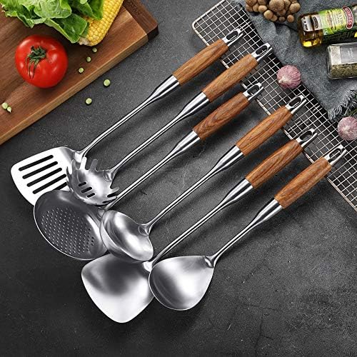6Pcs/Set Wood Handle Stainless Steel Cooking Tool Sets Spoon Pasta Server Kitchenware Utensil Accessory Cookware