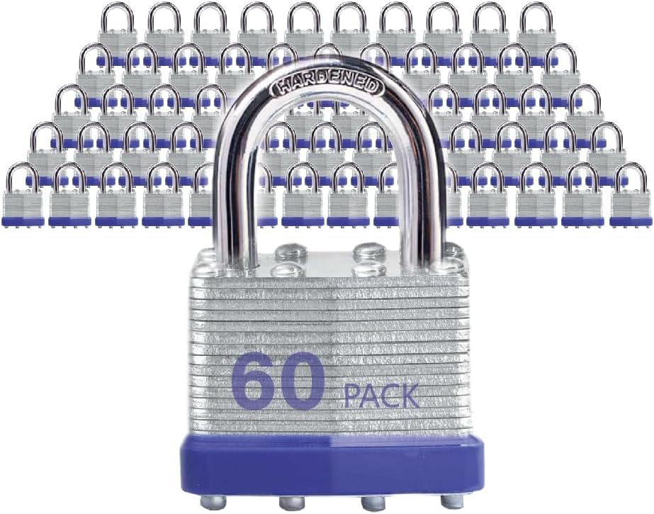 Keyed Alike Laminated Steel Padlocks, Standard Shackle, for Hasp, Shed, Fence, Storage Locker, School, Gym (60 Pack)