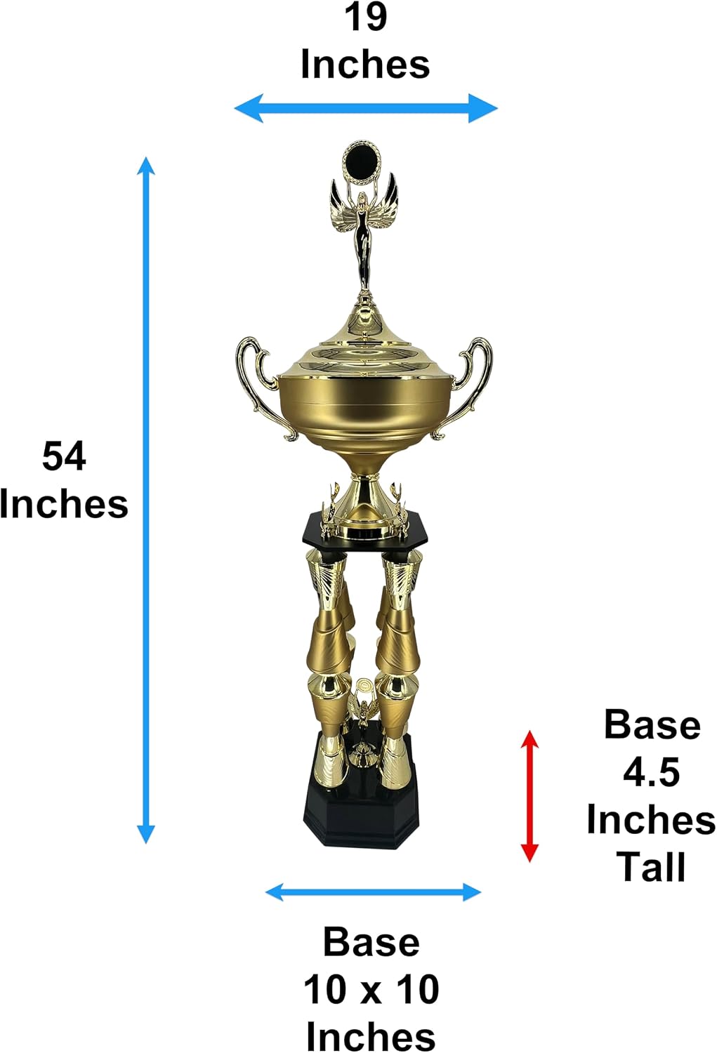 Express Medals Various Sport Giant 54 Inch Tall 19 Inch Wide 4 Post Column Gold Red or Blue Trophy Cup Award Includes Attached Plate with up to 5 Lines of Your Custom Engraved Text. Weighs 11 lbs.