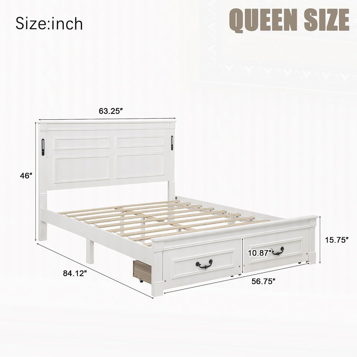 Queen Size Wood Platform Bed with Headboard, LED Light & Charging Station, Elegant Rustic Style Platform Bed Frame with Storage Drawers, No Box Spring Needed, Space Saving Design, White