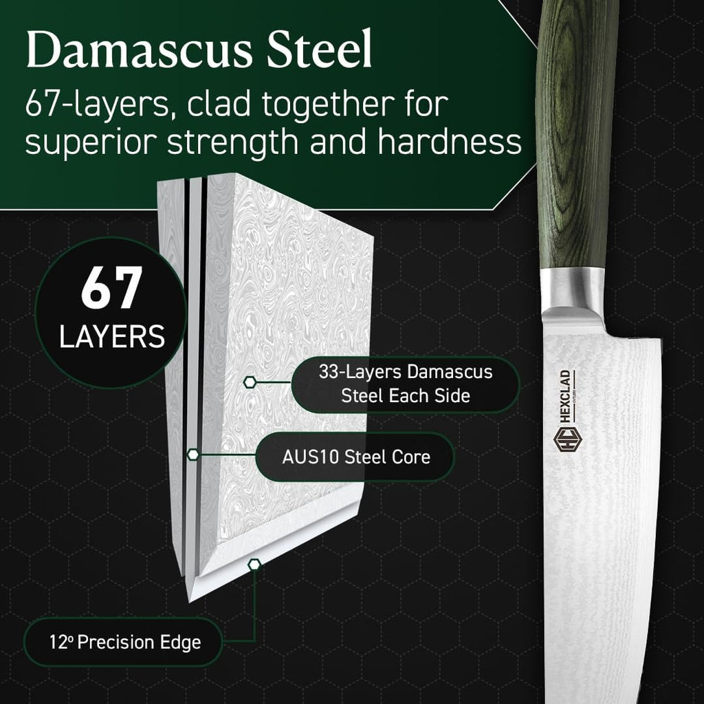 HexClad 8 Inch Japanese Damascus Stainless Steel Chefs Knife, Full Tang Construction, Pakkawood Handle