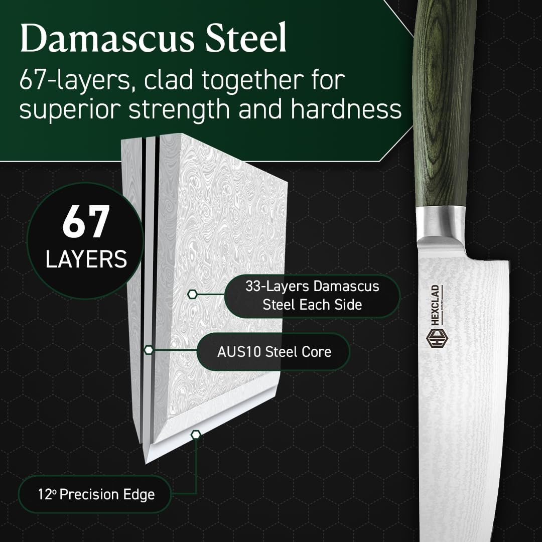 HexClad 8 Inch Japanese Damascus Stainless Steel Chefs Knife, Full Tang Construction, Pakkawood Handle