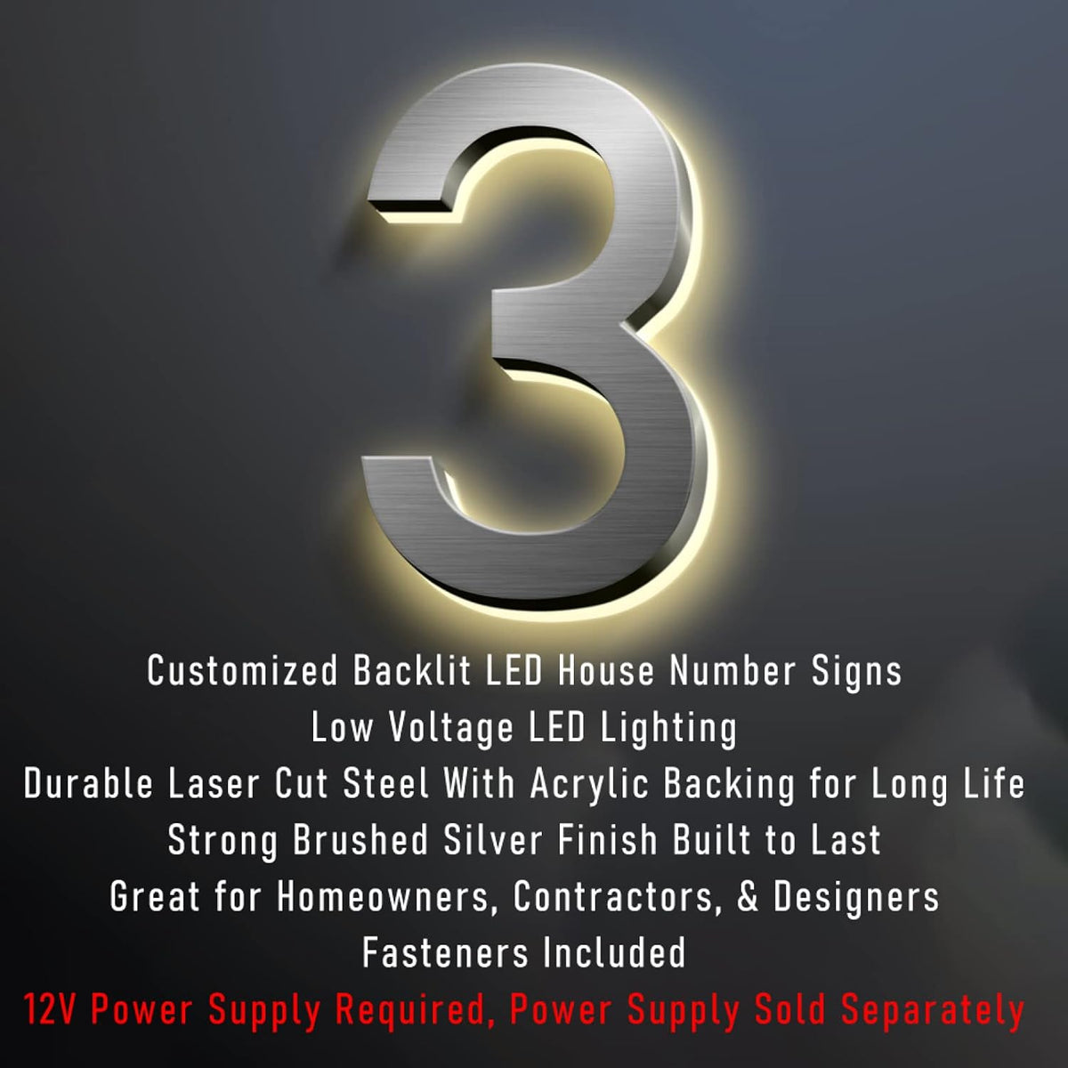 Address Sign Illuminated LED House Number Plaque Signs 50cm, Large Modern Stainless Steel Lighted Up Home Address Numbers For Outside, Waterproof,D