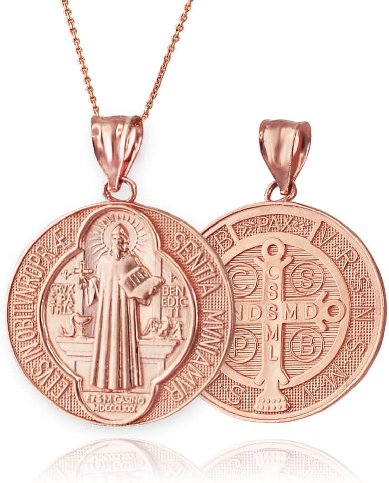 LA BLINGZ 14K Rose Gold Saint Benedict Medal Reversible Pendant Necklace