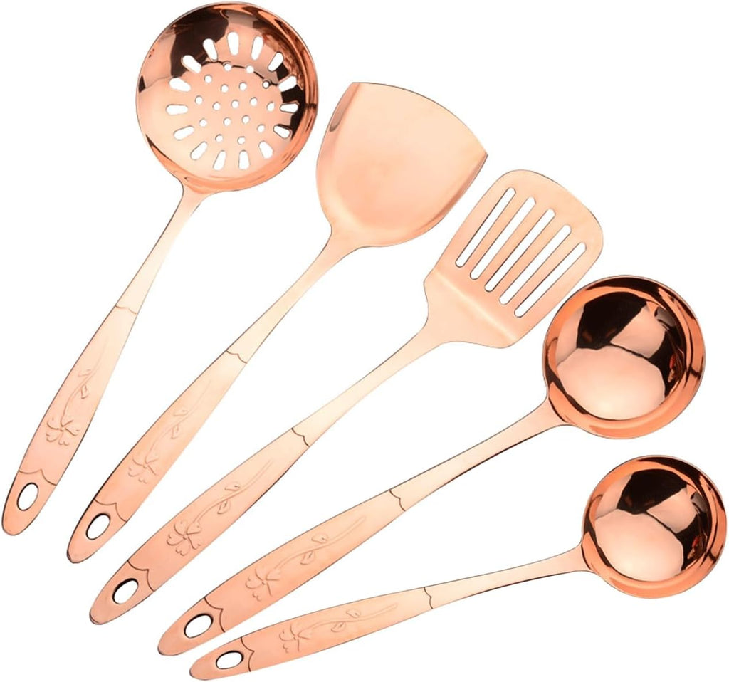 5-Piece Pure Copper Kitchen Cooking Utensils Set, Stylish Copper Kitchen Accessories, Cookware Set for Home or Restaurant Cooking (5)