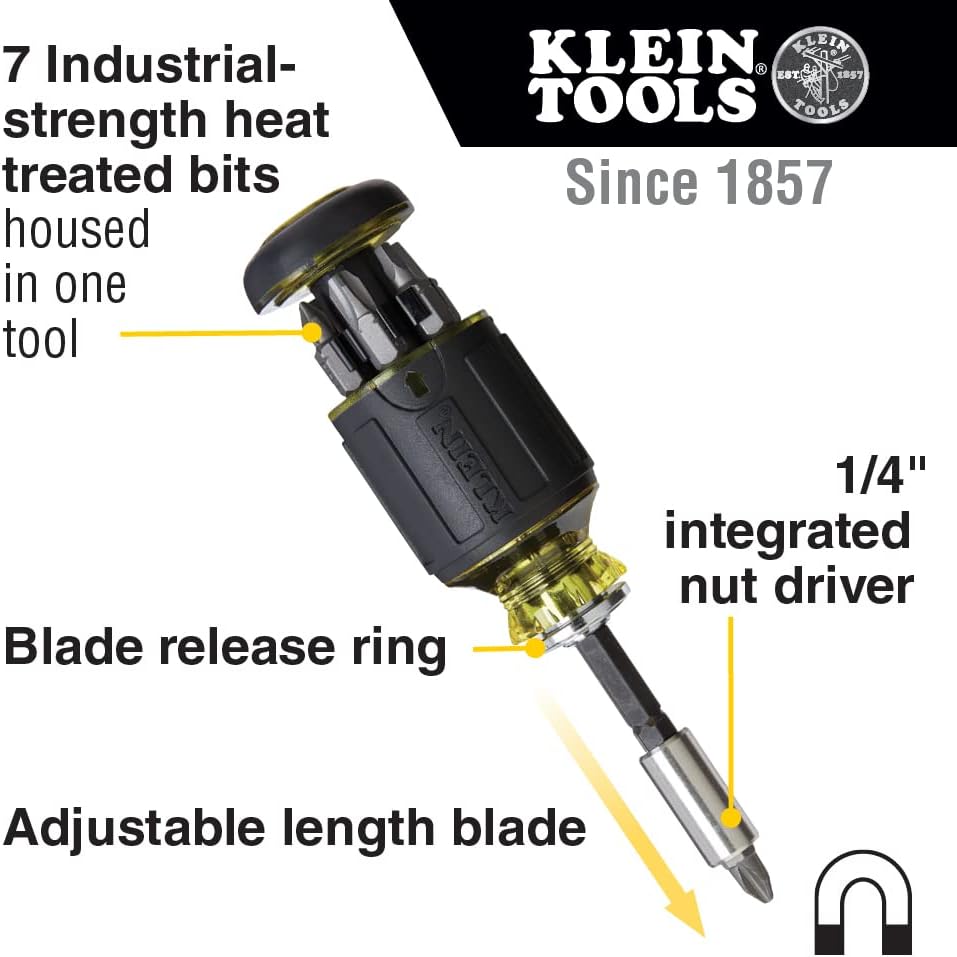Klein Tools 5-Piece Reversible Ratcheting Box Wrench Set and 8-in-1 Adjustable Magnetic Stubby Screwdriver