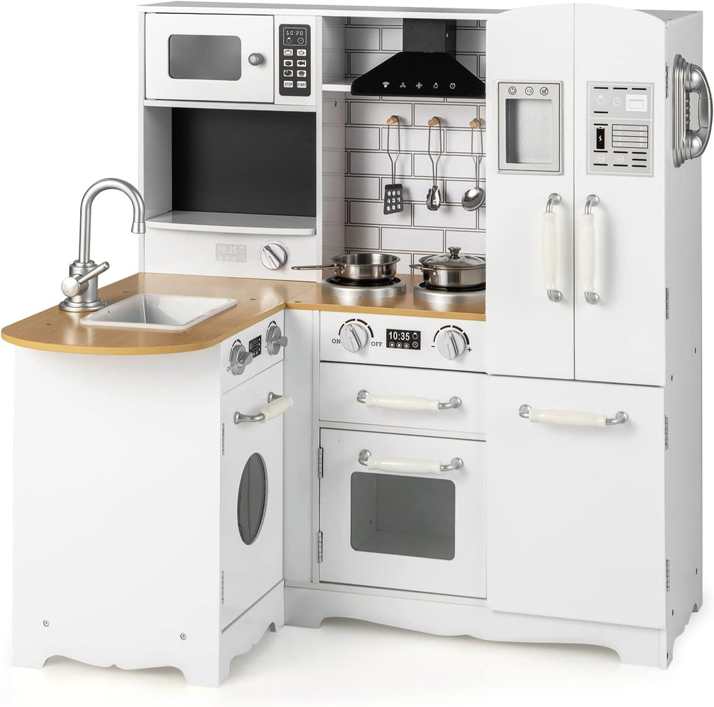 HONEY JOY Corner Kids Kitchen Playset, Little Chef Wooden Play Kitchen for Toddlers, Microwave, Refrigerator, Water Dispenser, Range Hood, Cookware, Pretend Play Toy Kitchen Set for Boys Girls