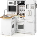 HONEY JOY Corner Kids Kitchen Playset, Little Chef Wooden Play Kitchen for Toddlers, Microwave, Refrigerator, Water Dispenser, Range Hood, Cookware, Pretend Play Toy Kitchen Set for Boys Girls