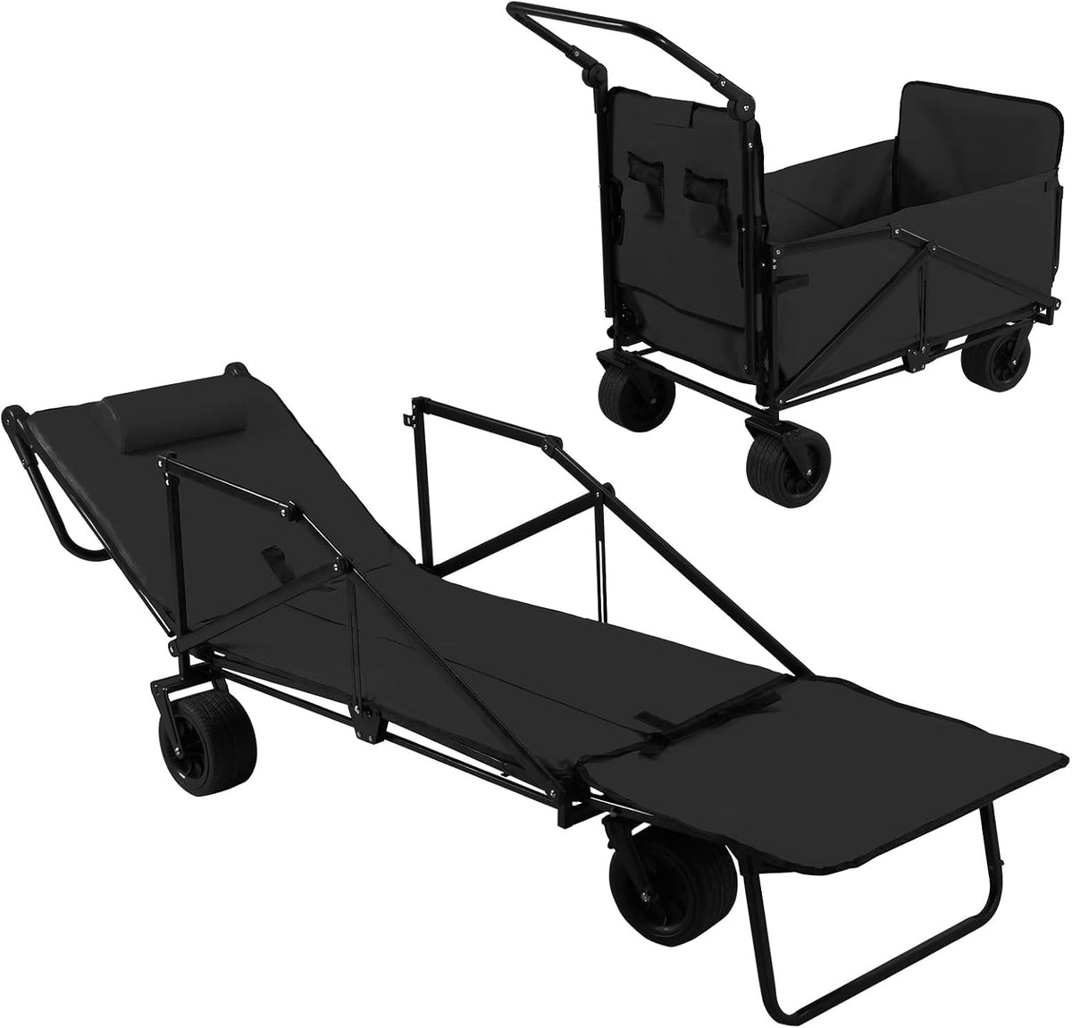 2-in-1 Wagons Carts Foldable Collapsible Wagon 440lbs Capacity Folding Chair Cart with All-Terrain Wheels for Sports Garden Camping (Black)