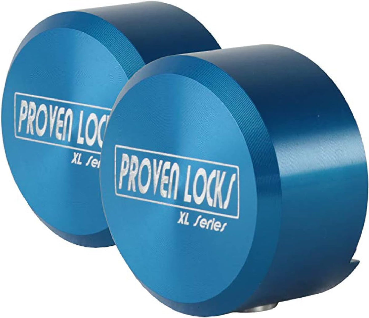Proven Industries Puck Lock Set, Model 400XL, 2-Pack, Hidden Shackle, Keyed Alike, 6061 Solid Aluminum, Shackle Opening 1 3/4 x 1 3/4 x 7/8 in, Depth 1 1/4 in, Made in USA, Blue