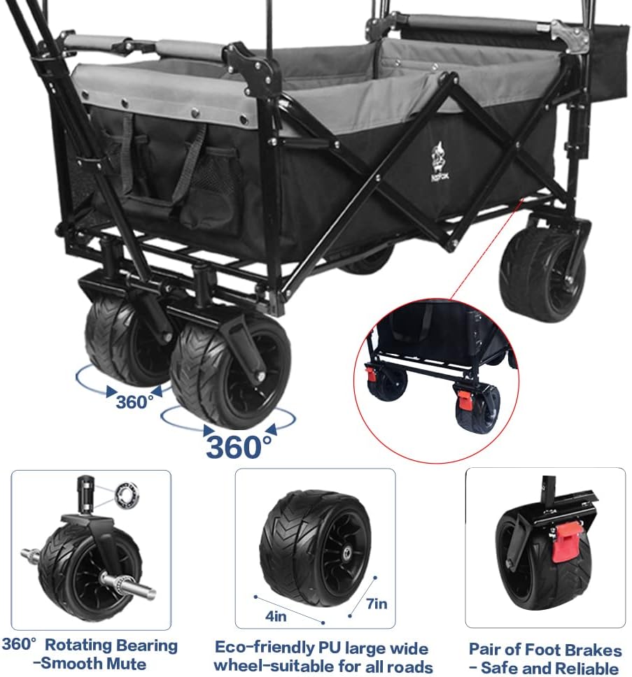 Collapsible Wagon Heavy Duty Folding Wagon Cart with Removable Canopy, 4' Wide Large All Terrain Wheels, Brake, Adjustable Handles,Cooler Bag Utility Carts for Outdoor Beach Cart Garden Wagons Carts