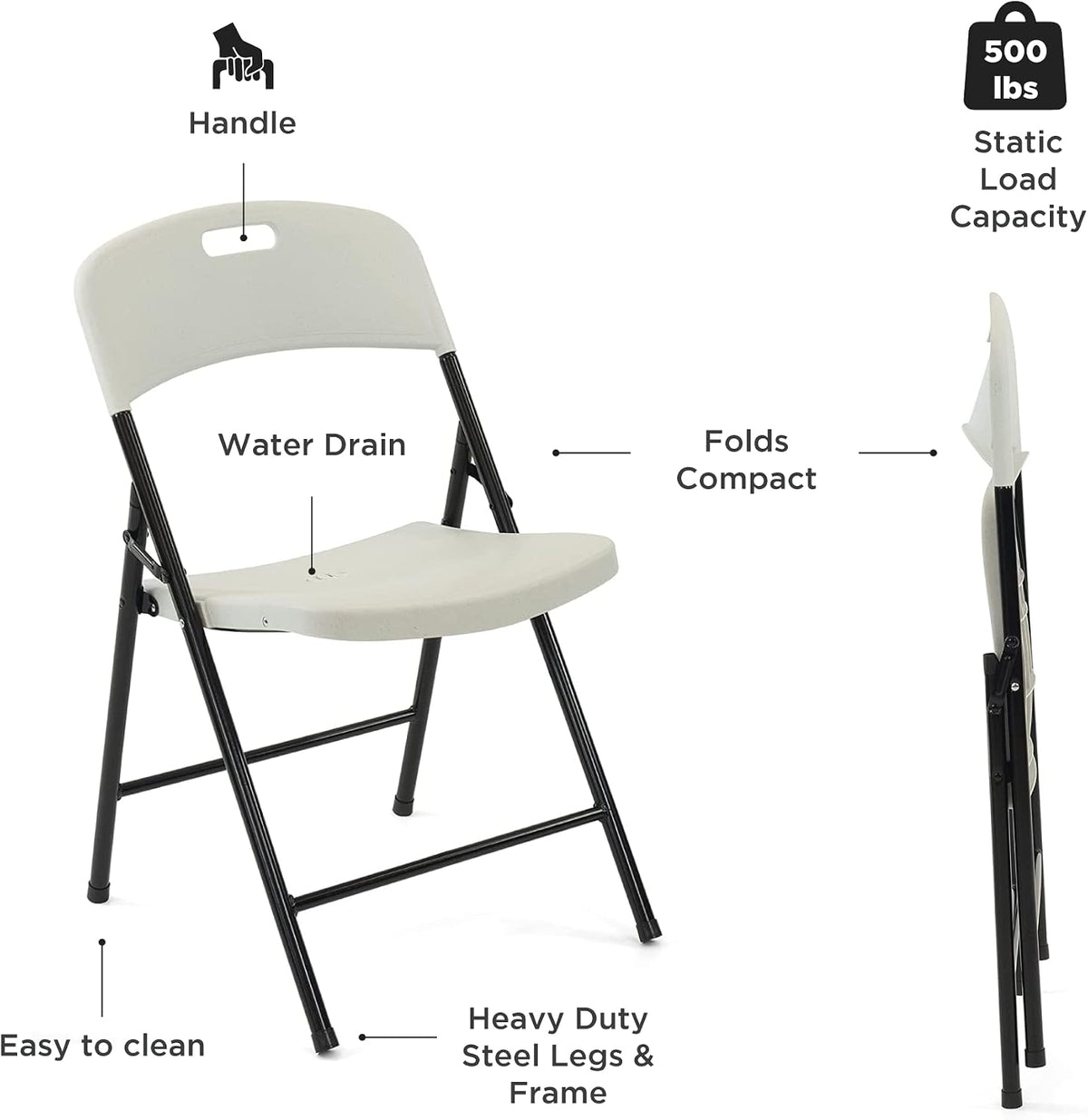 Creative Plastic Folding Chairs (4 Pack) - Portable Lightweight Folding Chairs for Indoor and Outdoor Steel Frame Used for Events, Party, Garden, Camping, Picnic, Tailgating (White)