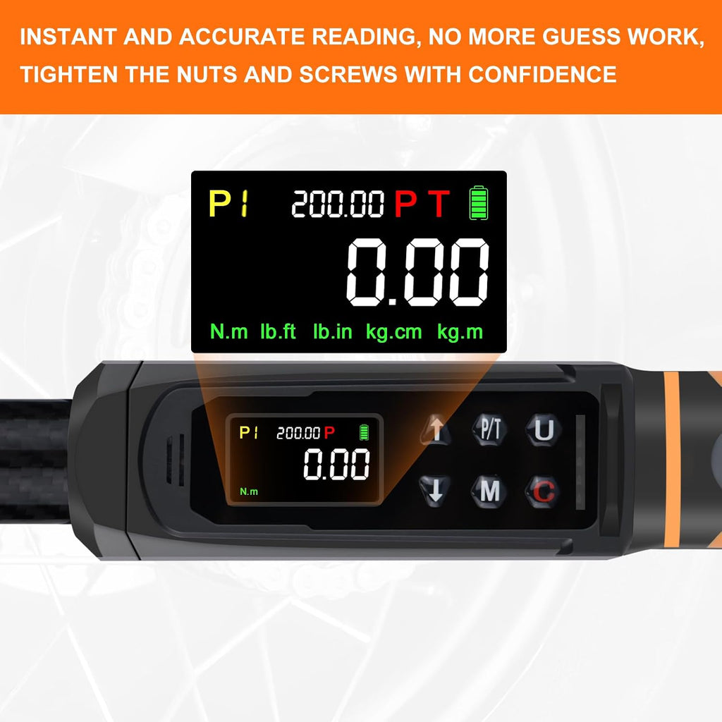 Digital Torque Wrench 1/2 Drive with Carbon Fiber Body, 2.2-147.5 Ft.lb Range, ±1% Accuracy with Vibration, Buzzer and LED Alert, Suitable for Car, Motorcycle and Bicycle