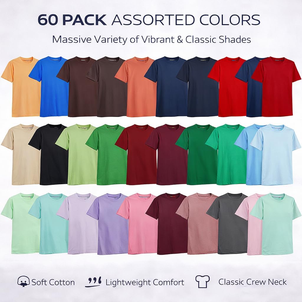 SOCKS'NBULK Men's Cotton Crew Neck Regular T-Shirts Bulk Short Sleeve Lightweight Tees Mix Colors
