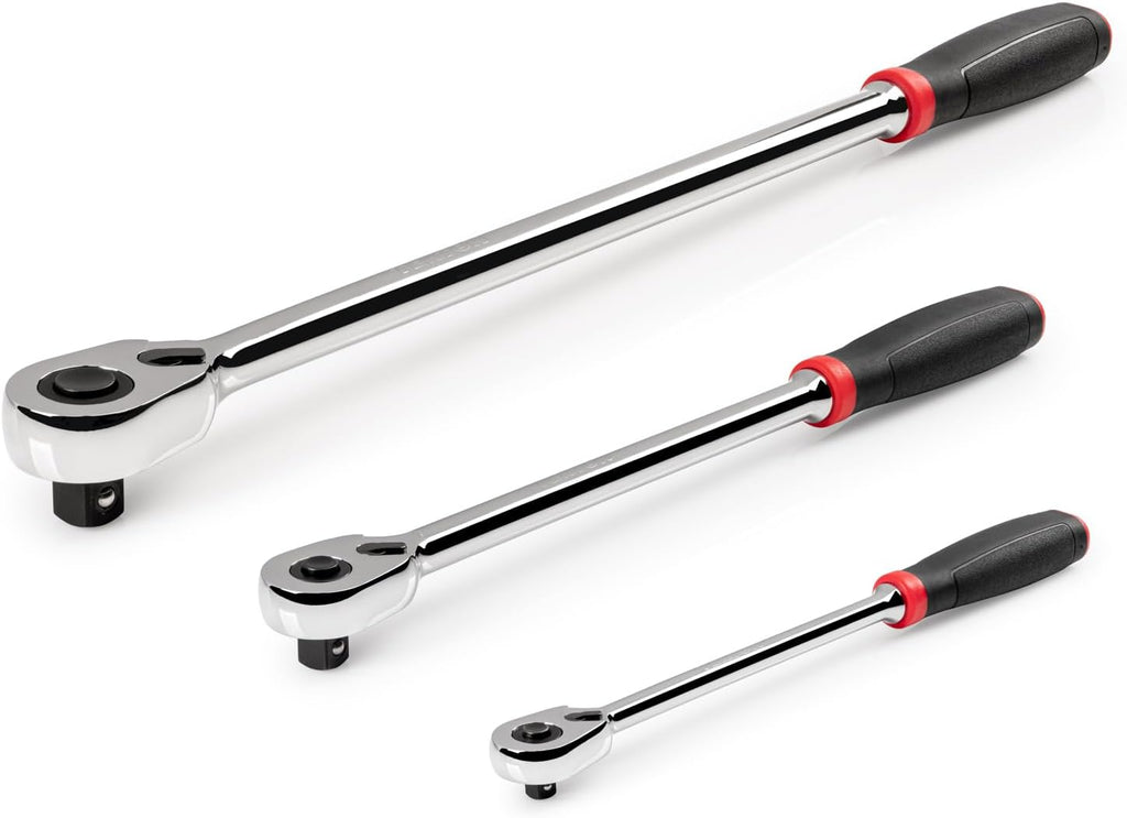 TEKTON 1/4, 3/8, 1/2 Inch Drive Quick-Release Comfort Grip Long Ratchet Set, 3-Piece (9, 12, 18 in.) | SRH99124