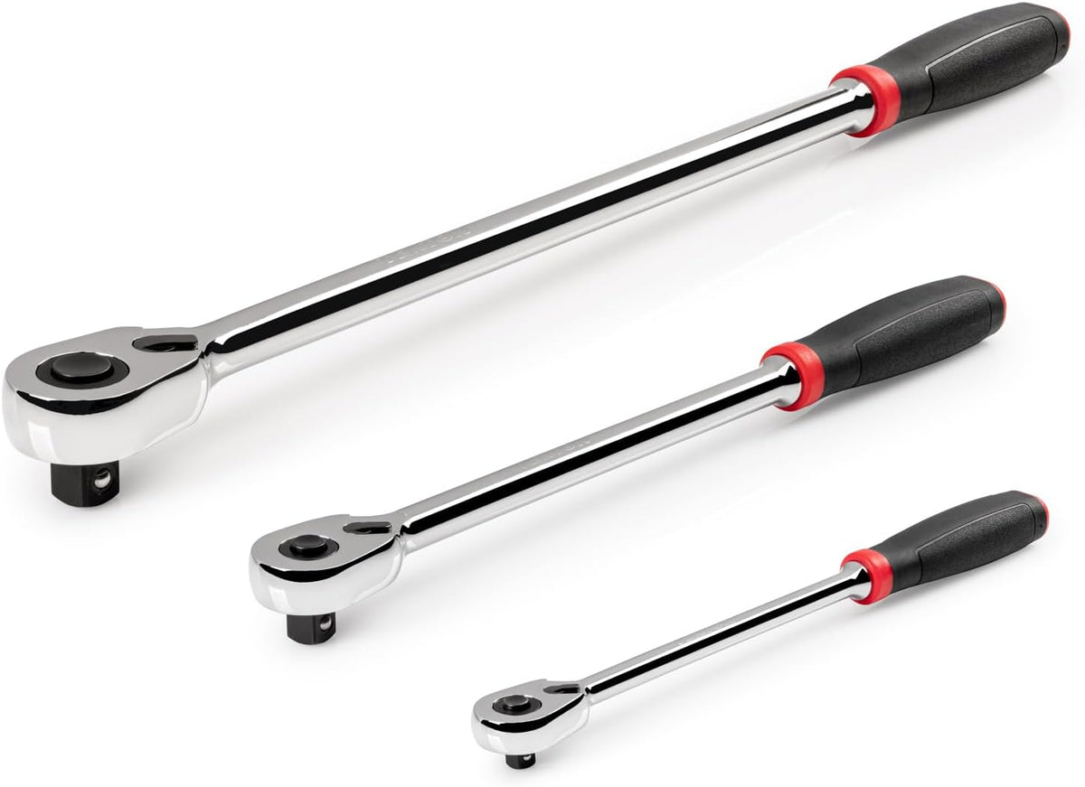 TEKTON 1/4, 3/8, 1/2 Inch Drive Quick-Release Comfort Grip Long Ratchet Set, 3-Piece (9, 12, 18 in.) | SRH99124