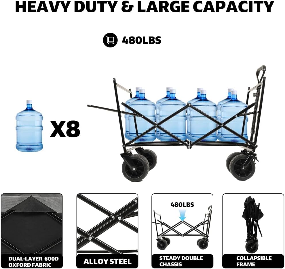 480Lbs Collapsible Kids Wagon with Canopy, Lightweight Foldable Hand Cart, Large Capacity for Camping, Shopping, Sports, and Garden Use