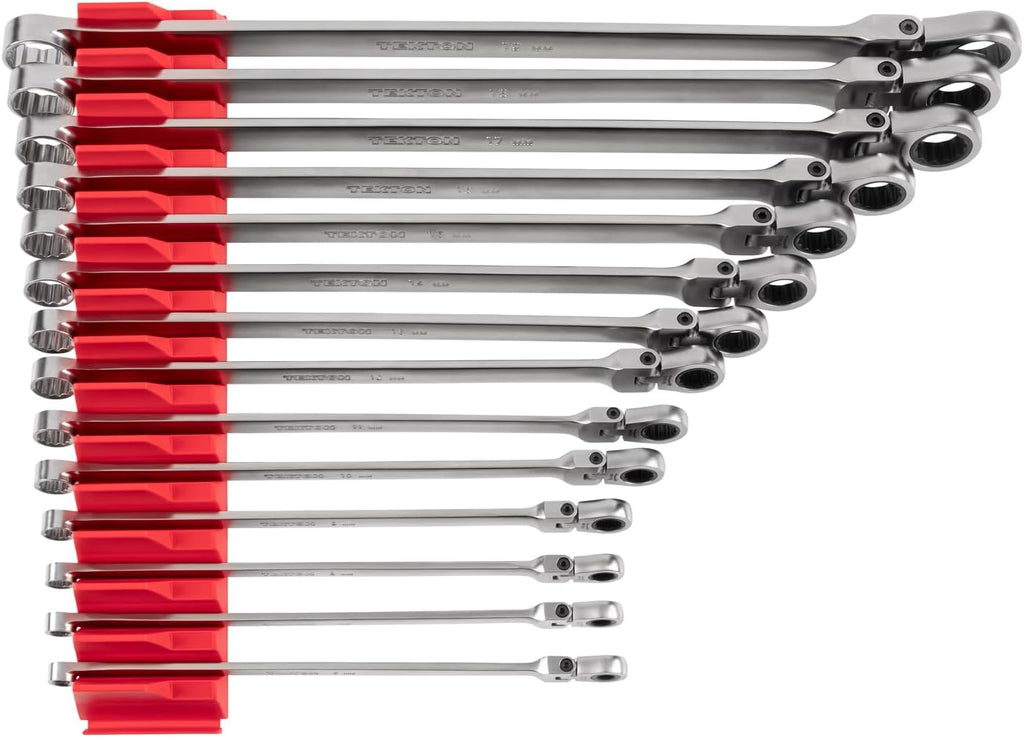 TEKTON Long Fixed/Flex Head 12-Point Ratcheting Box End Wrench Set with Modular Organizers, 14-Piece (6-19 mm) | WRB95303