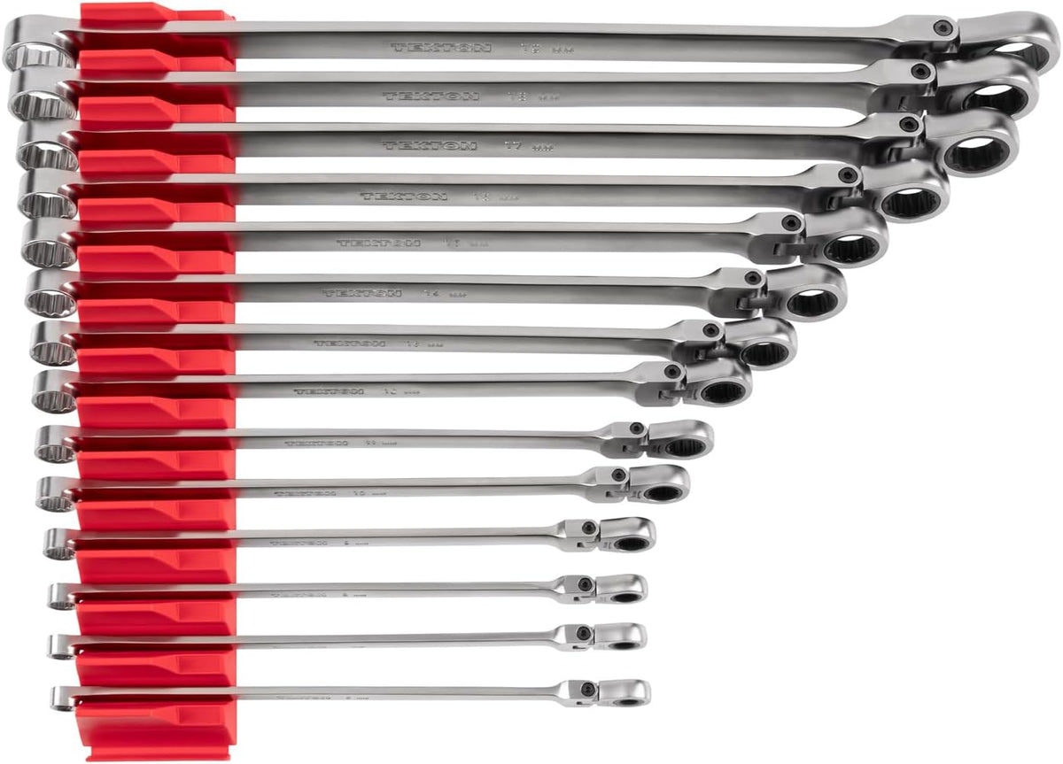 TEKTON Long Fixed/Flex Head 12-Point Ratcheting Box End Wrench Set with Modular Organizers, 14-Piece (6-19 mm) | WRB95303
