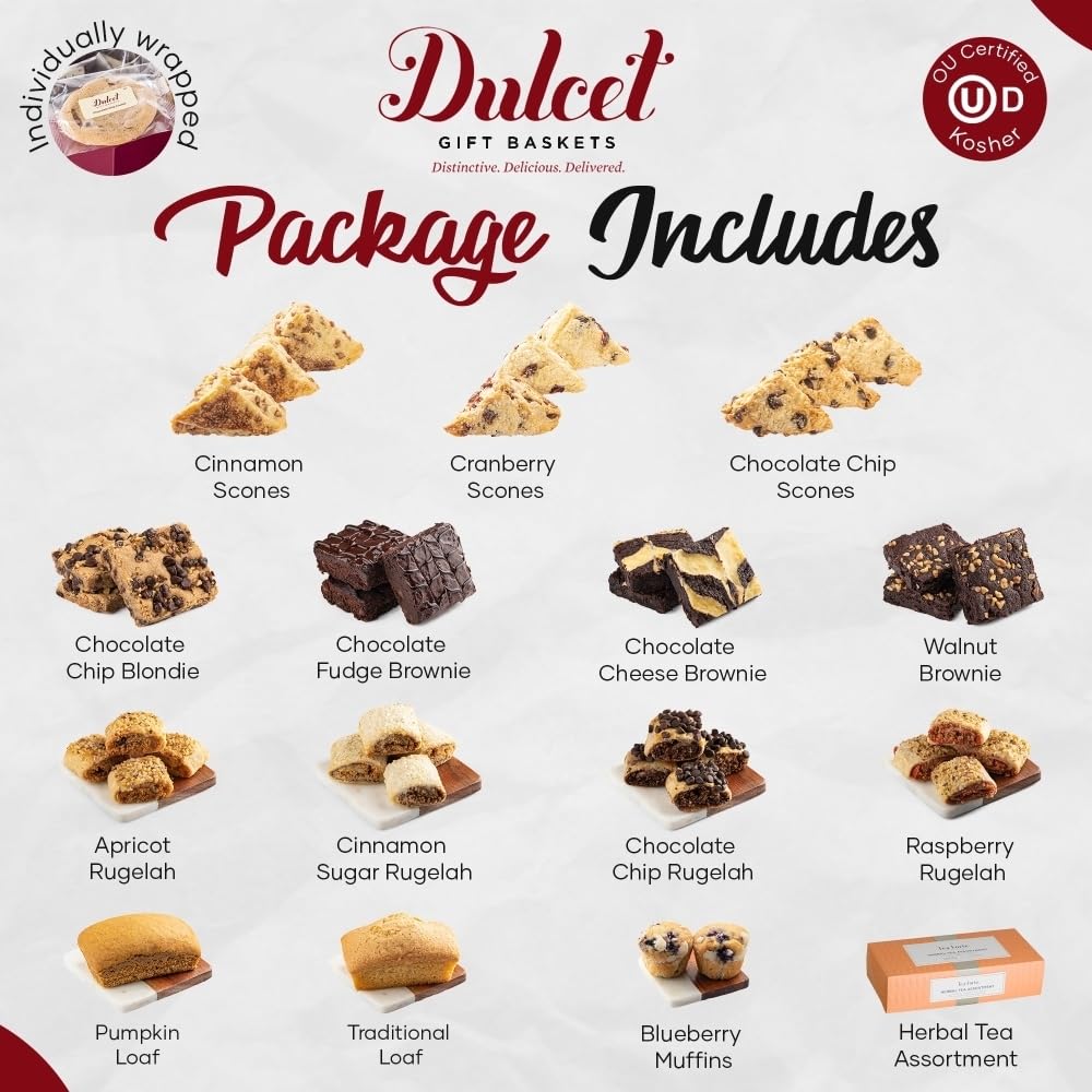 Deluxe Tea and Food Gift Basket Gourmet Present Featuring Old Fashioned Scones, Cheese Brownie, Fudge and Brownie, Muffins, and more plenty to please a crowd. by Dulcet Gift Baskets