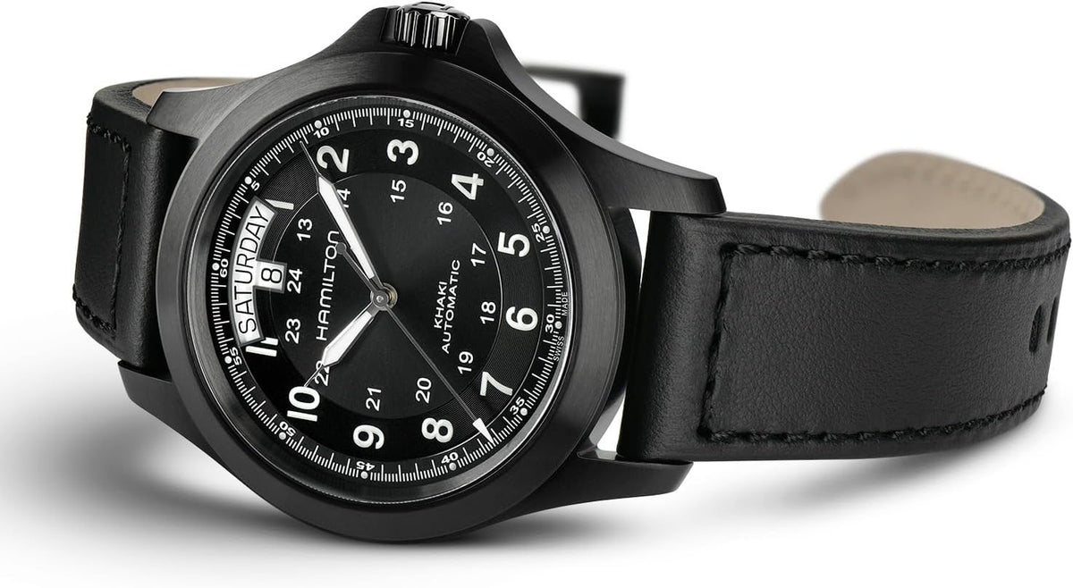Hamilton Khaki Field King Automatic Men's Watch, 40mm Stainless Steel Case, Swiss Made, Black Dial Analog Wrist Watch for Men, 50m Waterproof, Sapphire Crystal, Calf Leather Strap