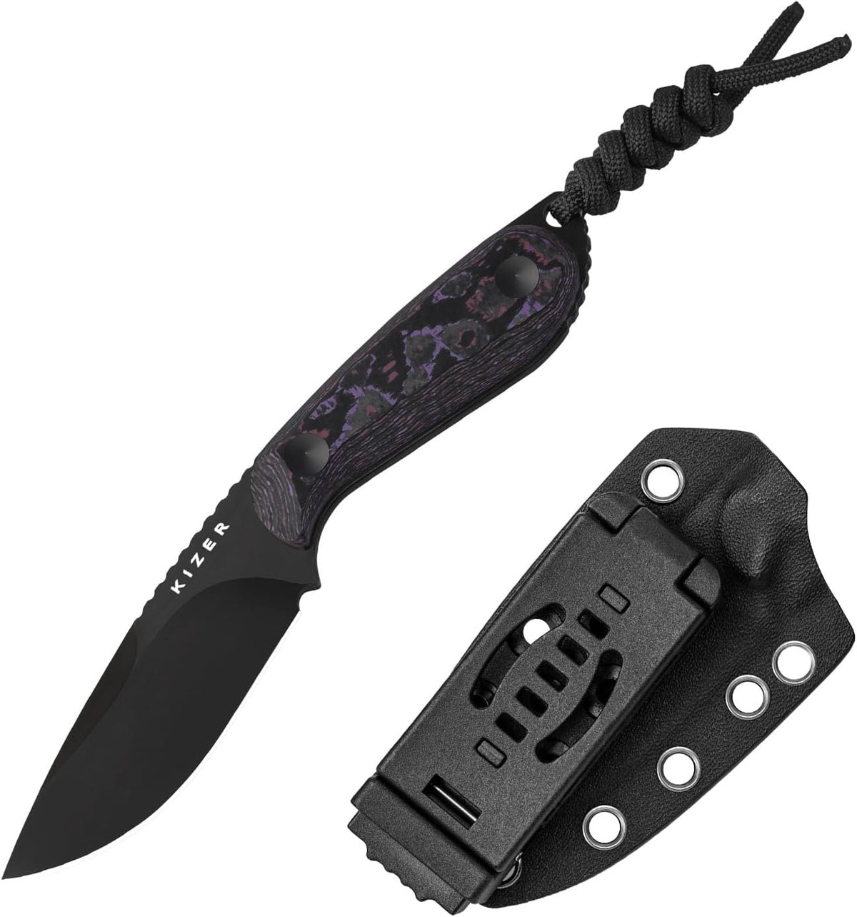 Kizer Buddy Fixed Blade Knife, 3' 4V Blade Camping Knife with Purple Fat Carbon Purple Haze Handle, Compact EDC Fixed Blade Knives with Sheath for Hiking Hunting Survival 1081A10