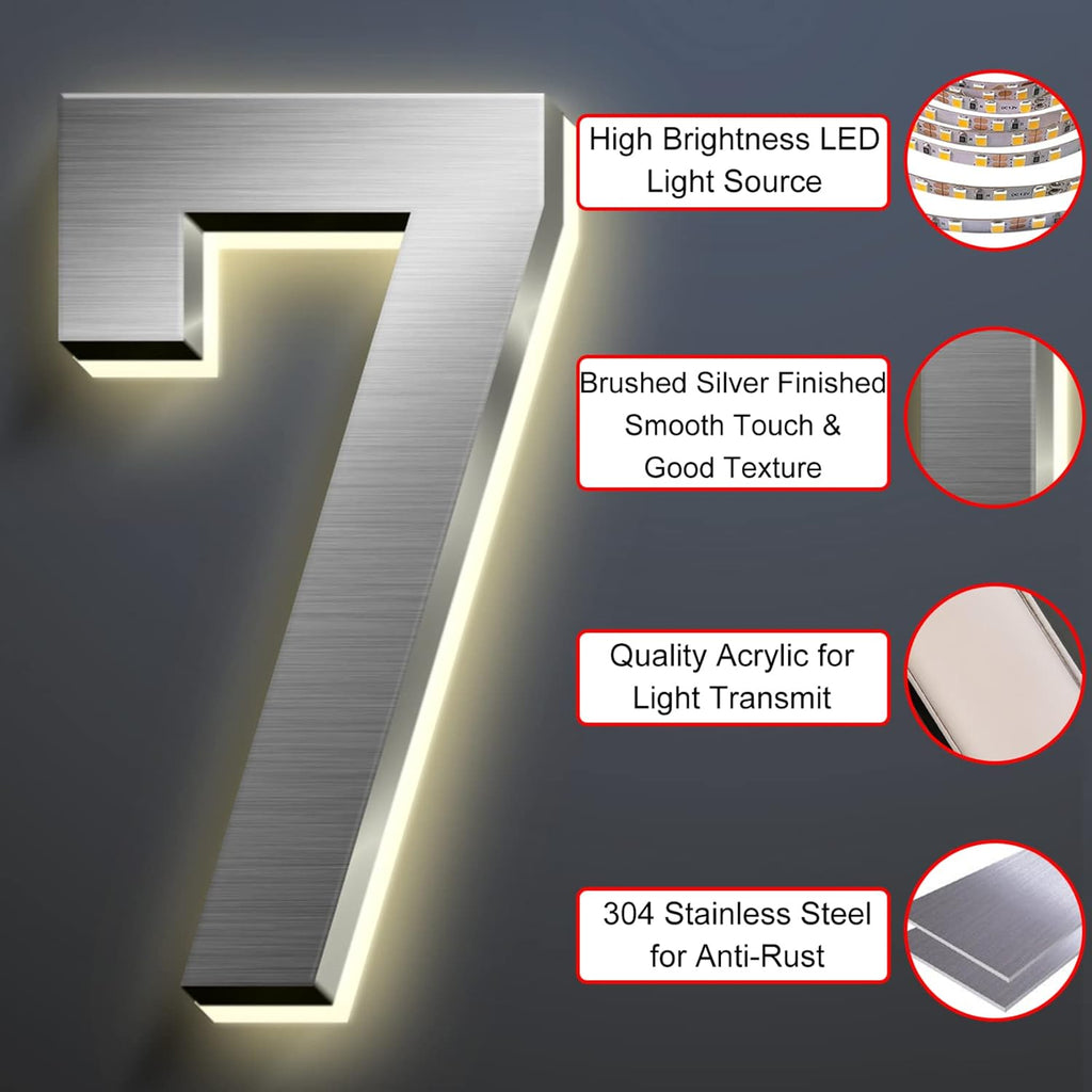 Backlit Floating LED House Number Signs, Brushed Silver, Address Signs Lighted Plaque, Outdoor/Indoor, Modern, Weatherproof And Corrosion Resistant, Day & Night,16 Inch/40cm,I