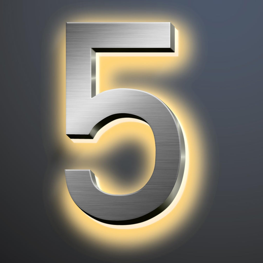 Backlit Illuminated LED House Numbers For Outside 16 Inch, Lighted Address Signs For House, Large Modern Illuminated Address Number, Brushed Silver, Warm White Light,5